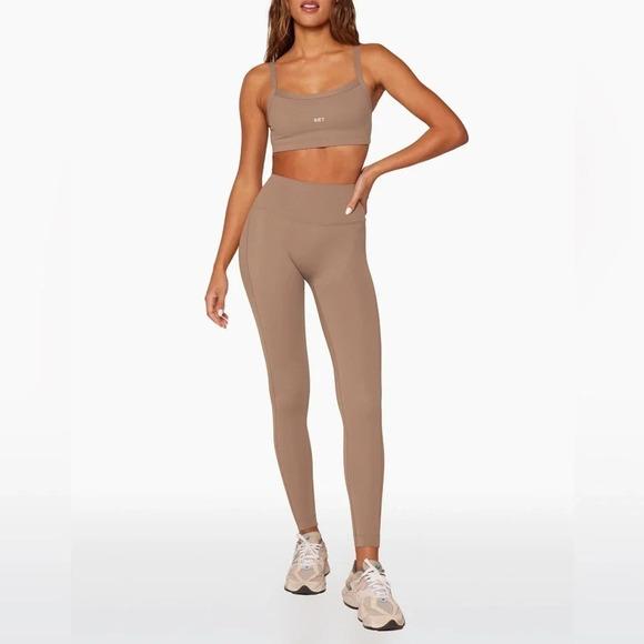 SET ACTIVE seamless ribbed leggings sportbody nude caramel dugout high rise tan - Picture 1 of 8